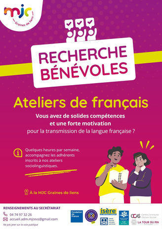 Recherche de bénévoles ateliers français. MJC Graines de liens à la Tour du Pin Isère