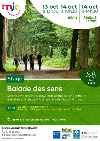 Balade des sens, marche dans la nature, promenade MJC Graines de liens à la Tour du Pin Isère