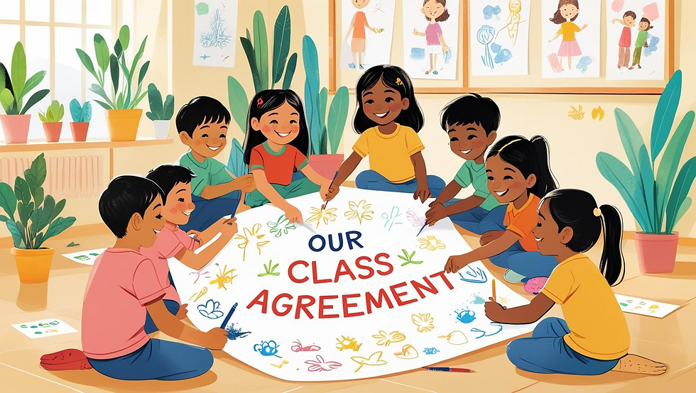 Illustration of smiling children sitting on the floor around a large poster that reads “Our Class Agreement.” They are decorating the poster with colorful drawings and symbols, showing collaboration and ownership.