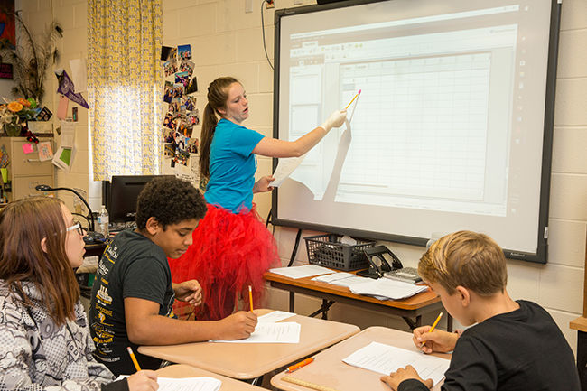 Student presenting data on an interactive smartboard to peers in a collaborative CBC classroom."