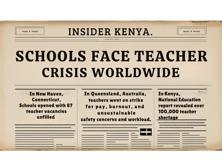 Vintage newspaper-style graphic with the headline “Schools Face Teacher Crisis Worldwide.” Sub-headlines include: New Haven, Connecticut schools opened with 87 teacher vacancies unfilled; Queensland, Australia teachers went on strike over pay, burnout, and safety concerns; Kenya’s National Education report revealed a shortage of more than 100,000 teachers. Design resembles an old newspaper front page.