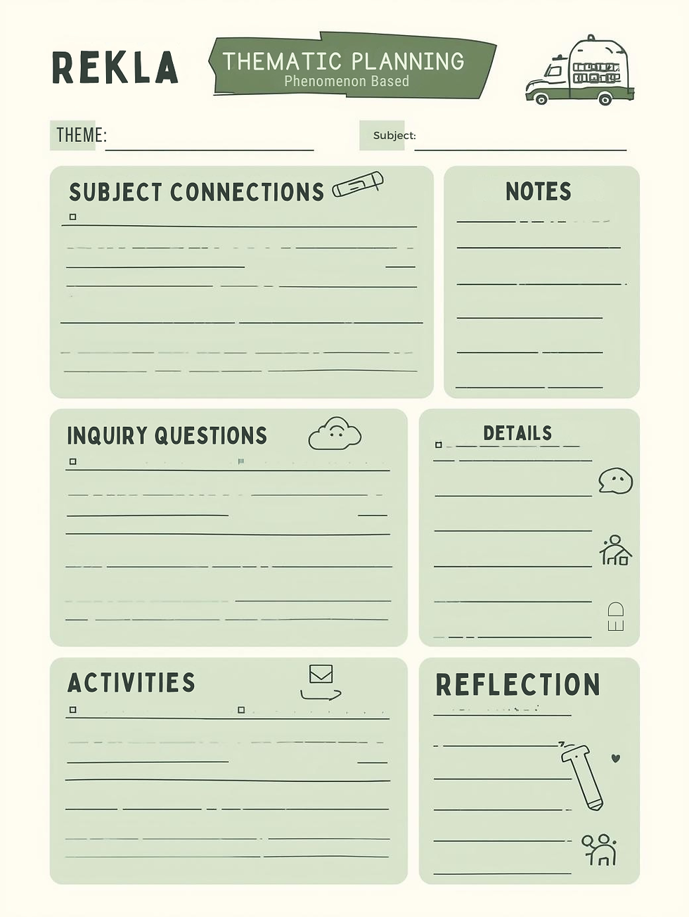Rekla Thematic Planning Template with sections for inquiry questions, subject connections, and reflection, designed for CBC and Finnish pedagogy.