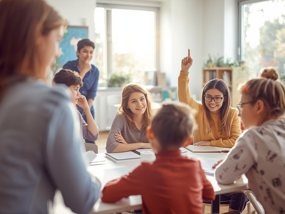 Students gathered in a bright classroom, smiling and engaged as one raises her hand to share an idea while the teacher observes — a moment of student-led learning and collaboration.