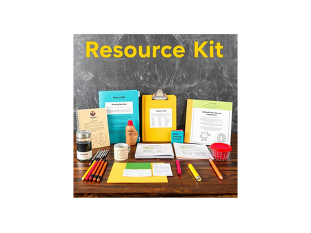 Classroom desk display of a teacher resource kit including folders, clipboards, worksheets, pens, glue, timer, and printable materials organized neatly with a chalkboard background. The words “Resource Kit” appear at the top in bold yellow font.