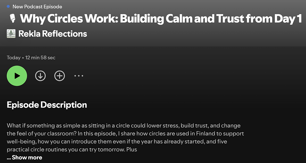 Screenshot of a Spotify podcast episode titled “Why Circles Work: Building Calm and Trust from Day 1” from Rekla Reflections. The play bar shows a 12-minute 58-second episode with a description preview beneath.