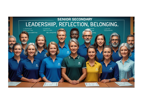 A diverse group of senior secondary teachers standing together in front of a chalkboard that reads “Leadership, Reflection, Belonging.” The teachers are confident and collaborative, representing empowerment and Finnish-inspired pedagogy in CBC classrooms.