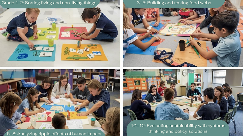 Four classroom scenes of students engaging in ecosystem activities: Grade 1–2 sorting living and non-living, Grade 3–5 building food webs, Grade 6–8 analyzing human impact, and Grade 10–12 debating sustainability solutions.”