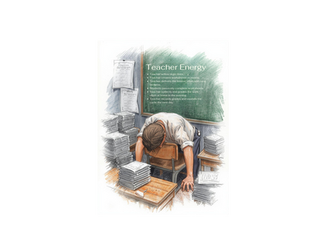 Illustration of a tired teacher collapsed over a desk surrounded by piles of worksheets, with a chalkboard listing tasks like writing objectives, grading, and recording grades, symbolizing teacher burnout.
