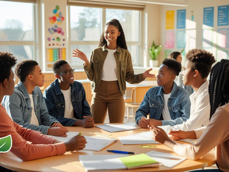 A diverse group of senior secondary students (ages 15–18) sit together in a bright, modern classroom. One student stands and confidently leads the discussion, while peers listen and contribute, modeling collaborative leadership and belonging.