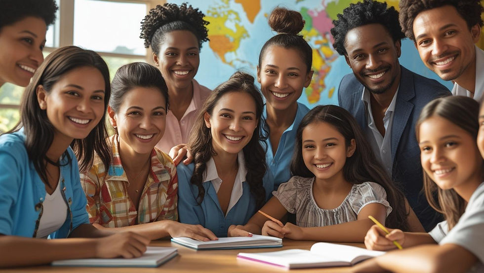 Diverse group of smiling teachers and students from around the world gathered in a classroom with a world map in the background, symbolizing global connection in education."