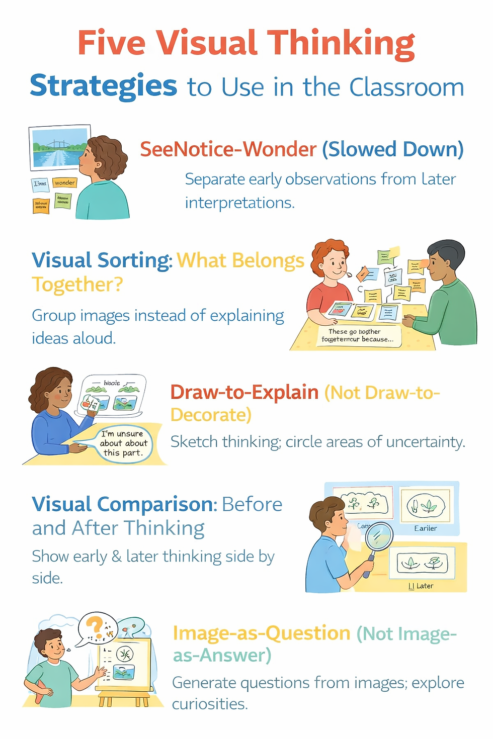 Illustrated infographic showing five visual thinking strategies for classroom learning, including See–Notice–Wonder, visual sorting, draw-to-explain, before-and-after comparison, and image-as-question, with students using images to explain their thinking.
