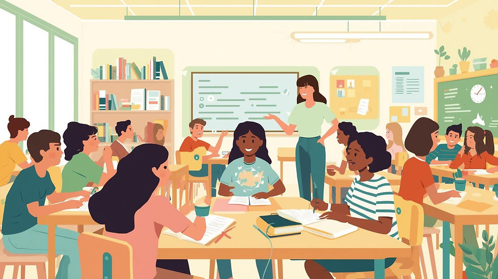 Illustration of a bright, student-centered classroom with groups of learners working together while the teacher facilitates, showing active flipped learning.