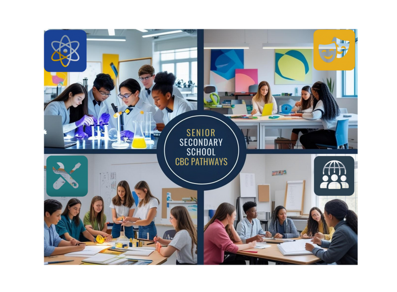 Senior Secondary School CBC Pathways collage showing four learning tracks: STEM (students in lab coats conducting experiments with test tubes), Arts and Creative Expression (students collaborating on design projects), Technical and Vocational Education (students using tools for hands-on projects), and Social Sciences (students in group discussion). Icons in each panel visually represent the pathway."