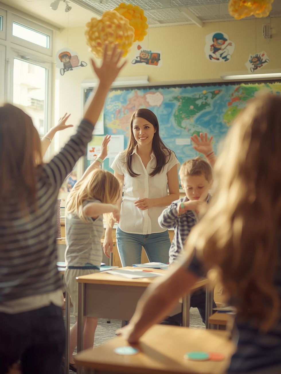 A smiling teacher stands in a bright classroom while young children raise their arms and move actively, showing energy and engagement in learning.