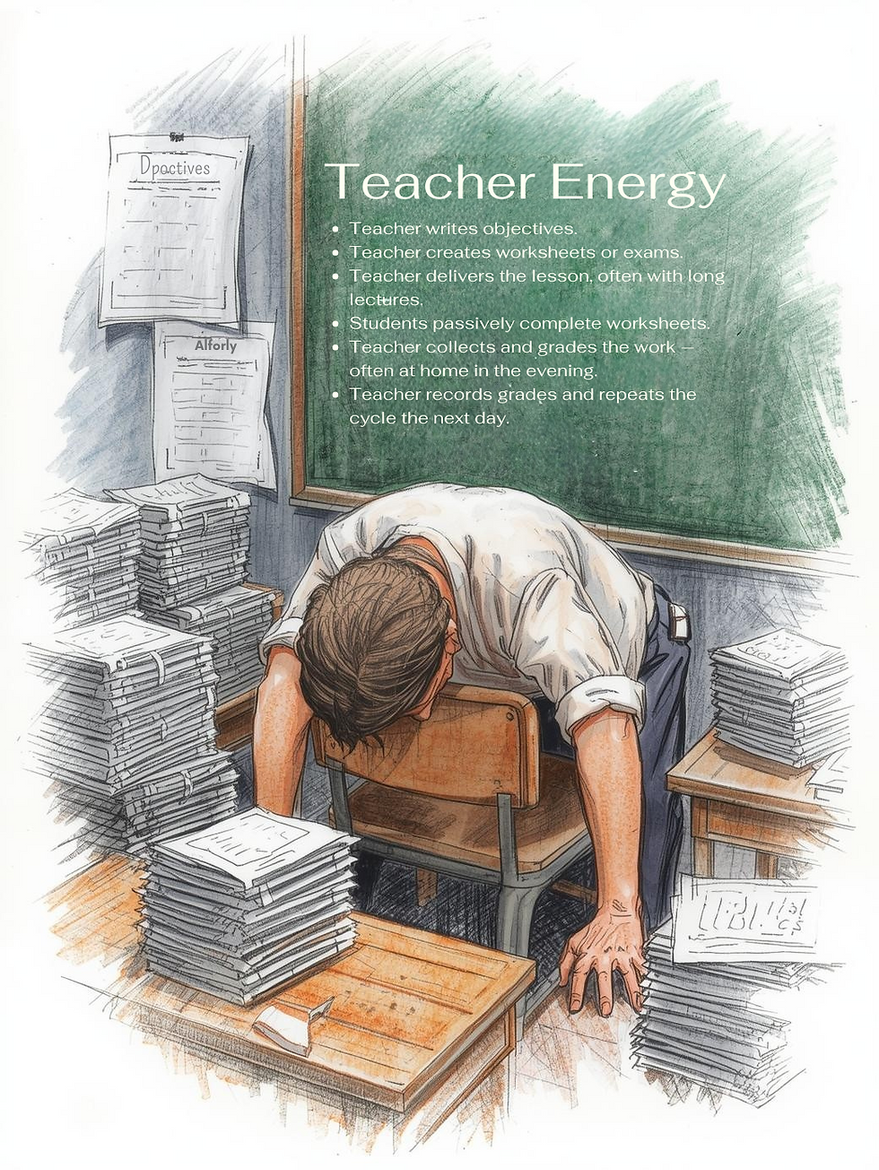 Illustration of a tired teacher collapsed over a desk surrounded by piles of worksheets, with a chalkboard listing tasks like writing objectives, grading, and recording grades, symbolizing teacher burnout.