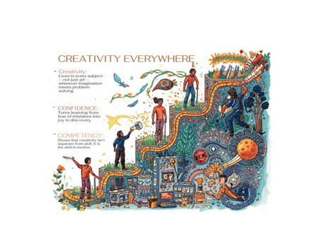 Colorful illustration showing students exploring creativity across science, art, and design with gears, rockets, and plants. Text highlights: “Creativity lives in every subject,” “Confidence turns learning into discovery,” and “Competency is creativity in motion.”