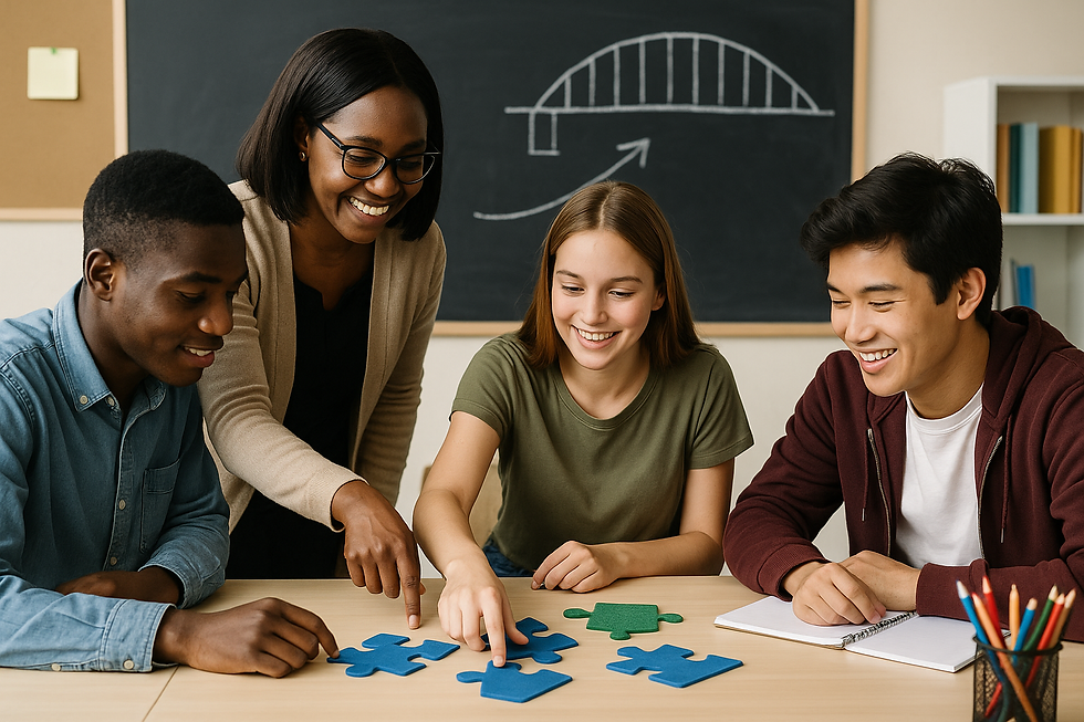 Upper secondary students working on puzzle pieces with a teacher, symbolizing closing hidden gaps through student-led learning."