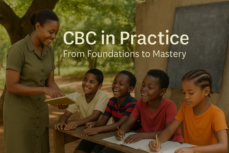 A smiling teacher engages with four primary school children working together on a shared paper at a wooden desk, outdoors in a natural setting. The image includes the course title: ‘CBC in Practice – From Foundations to Mastery.'