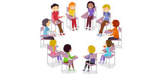 Illustration of a group of children sitting in a circle at desks, facing each other and talking. The arrangement emphasizes connection and communication.