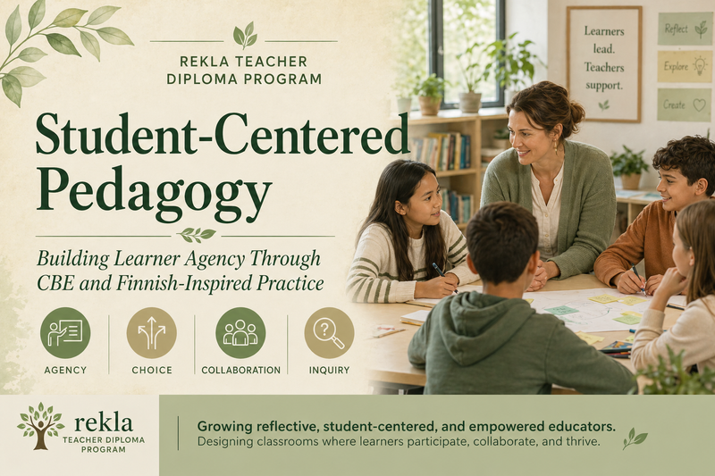 A warm, nature-inspired course banner for the Rekla Teacher Diploma Program titled Student-Centered 
