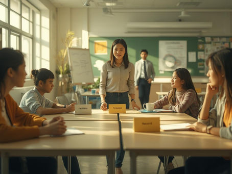 Secondary students in a classroom with role cards labeled facilitator, timekeeper, and recorder, modeling rotating leadership roles in a flipped classroom.