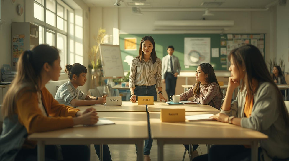 Secondary students in a classroom with role cards labeled facilitator, timekeeper, and recorder, modeling rotating leadership roles in a flipped classroom.