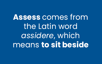 Blue rectangular graphic with white text that reads: “Assess comes from the Latin word assidere, which means to sit beside.” The words “Assess” and “to sit beside” are bolded for emphasis.