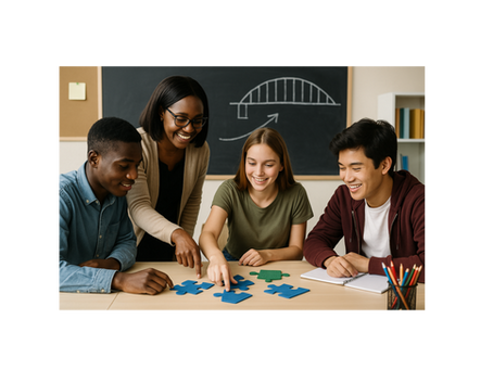 Upper secondary students working on puzzle pieces with a teacher, symbolizing closing hidden gaps through student-led learning."