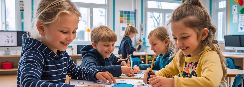 Young students engagin in a collaborative learning activity in a bright, modern classroom as part of a customized Finnish-inspired after school program
