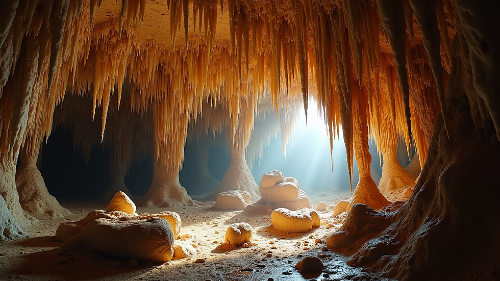 Wide angle view of intricate stalactite formations on cavern ceiling