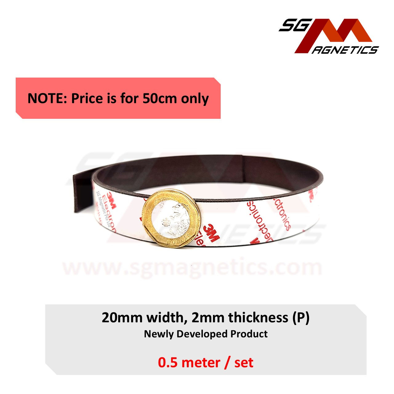 20mm Neo Flexible Magnetic Strip Roll, T2mm Ver. P with 3M adhesive tape 0.5m