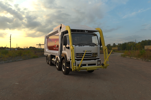 A 3d render of a front loader garbage truck.