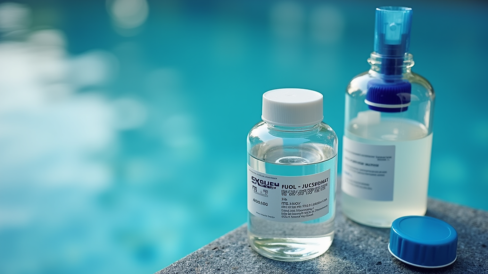 Close-up view of a pool water testing kit with various chemical reagents