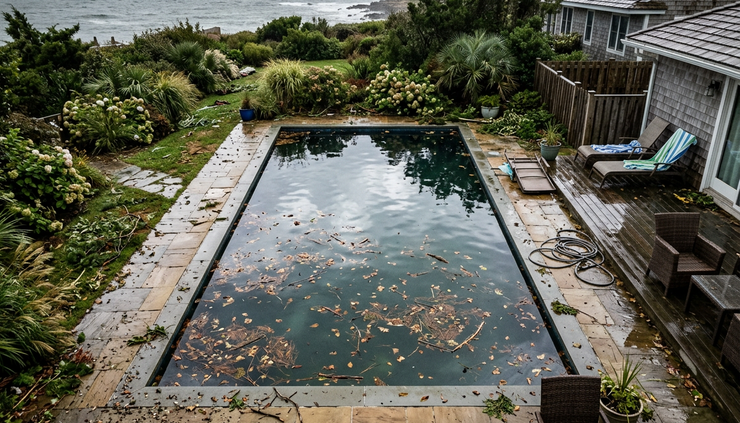 Overhead view of leaves and branches floating in a backyard pool after a storm.
