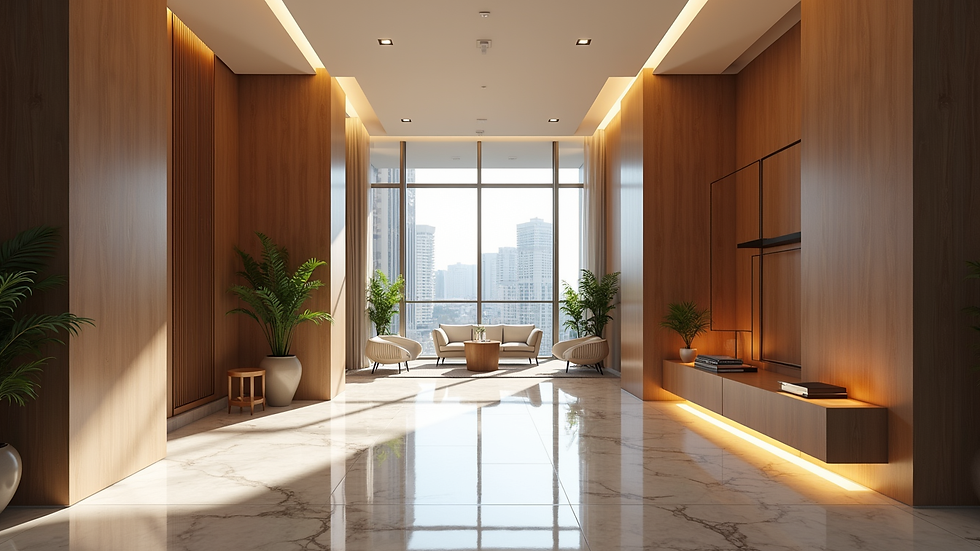 Eye-level view of a modern condominium lobby with clean design
