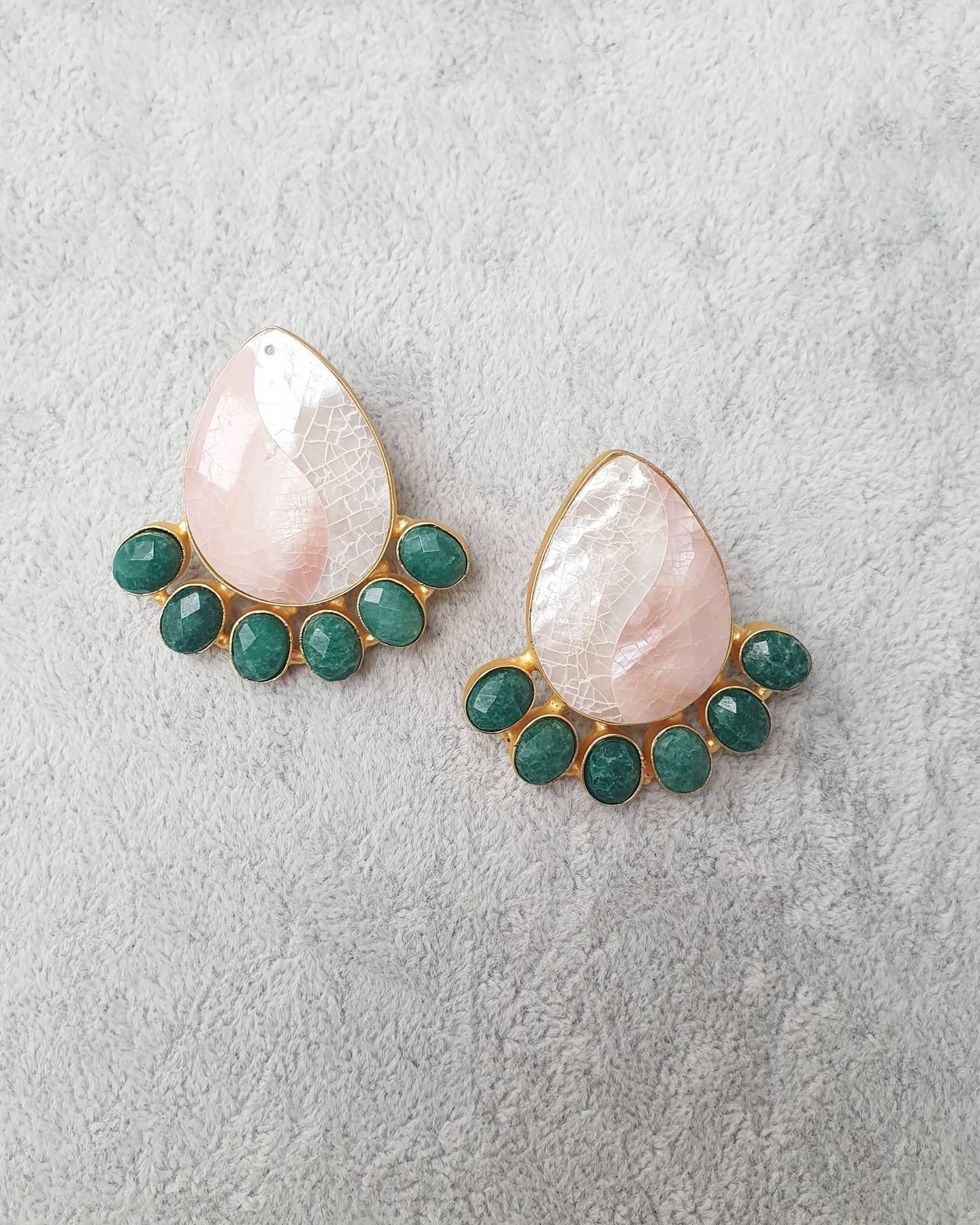 Mother of Pearl and Green Quartz Oval Statement Stud Earrings