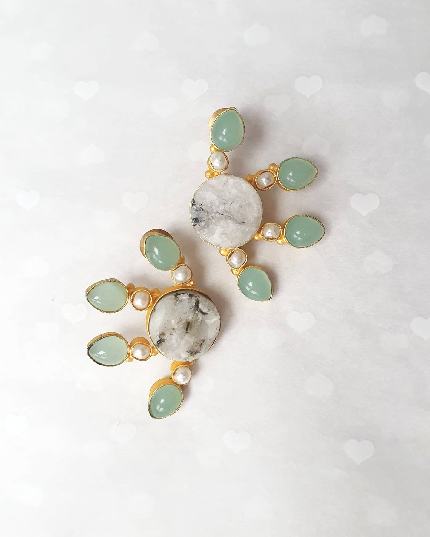 Moonstone and Chalcedony Half Flower Statement Stud Earrings