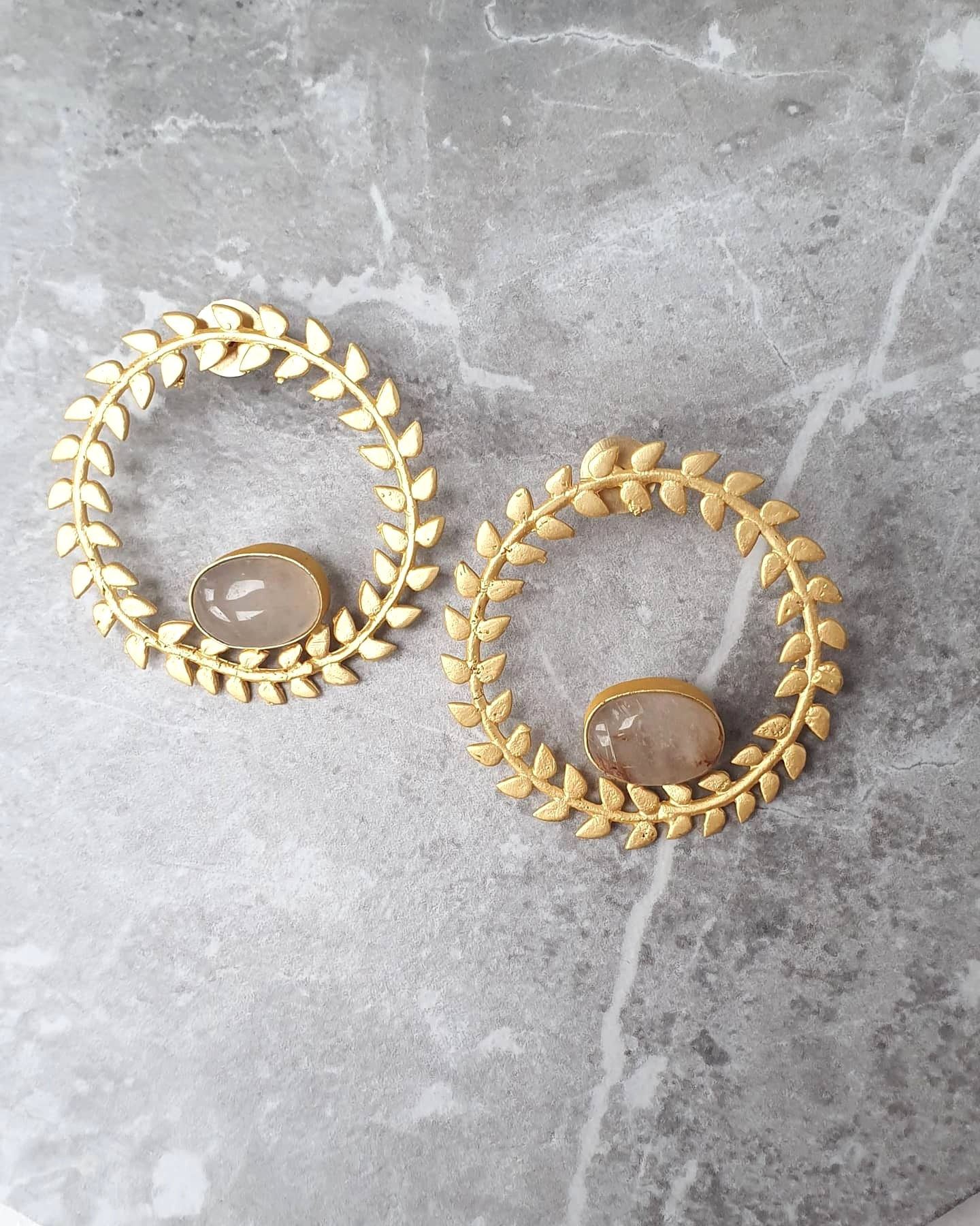 Rutilated Quartz Leaf Hoop Stud Earrings