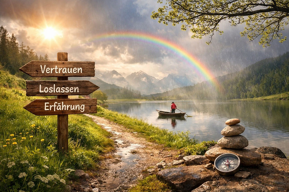 Ein ruhiger See mit einem Regenbogen