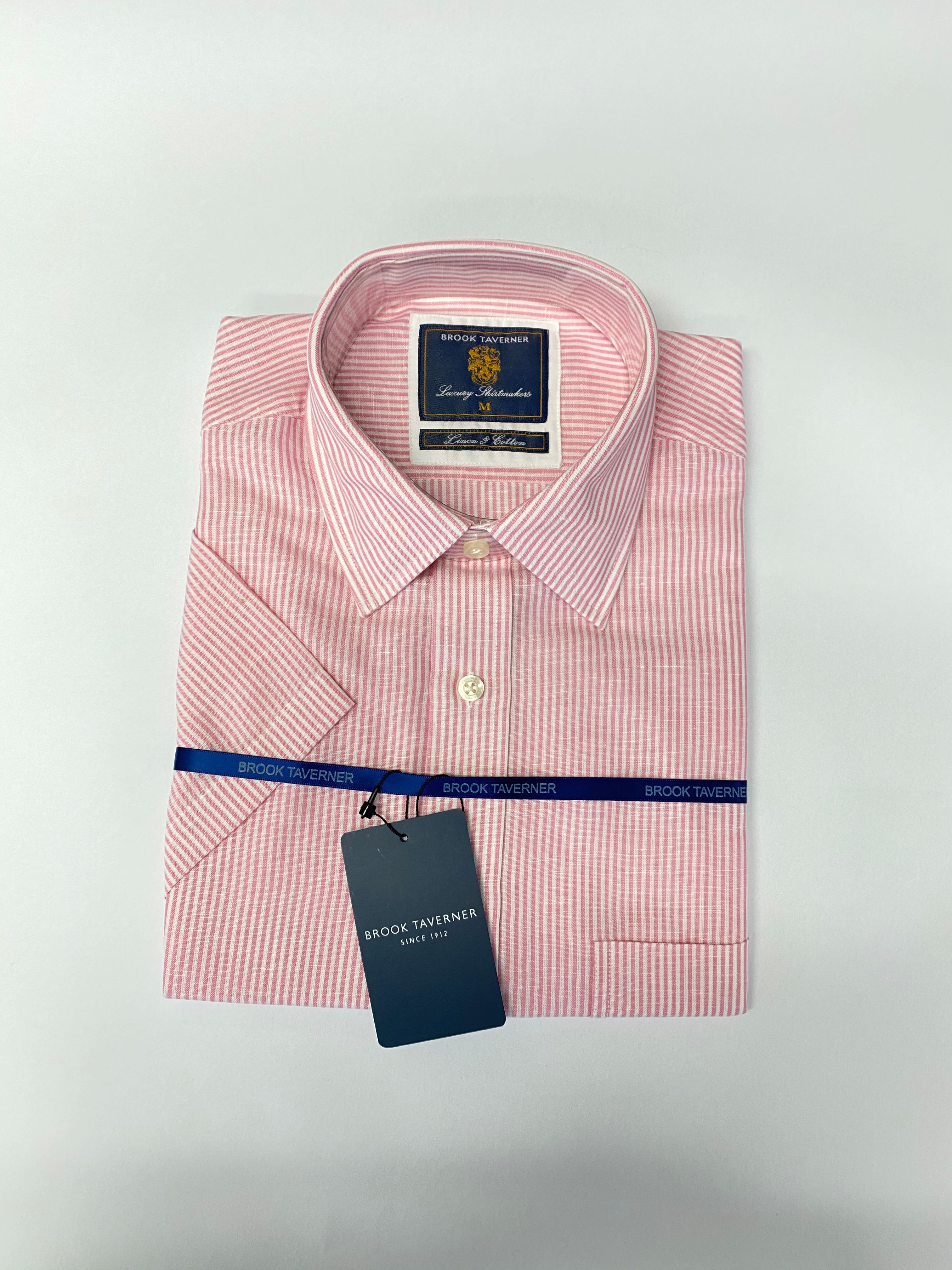 BROOK TAVERNER PINK STRIPE SHORT SLEEVE BUTTON DOWN COLLAR SHIRT