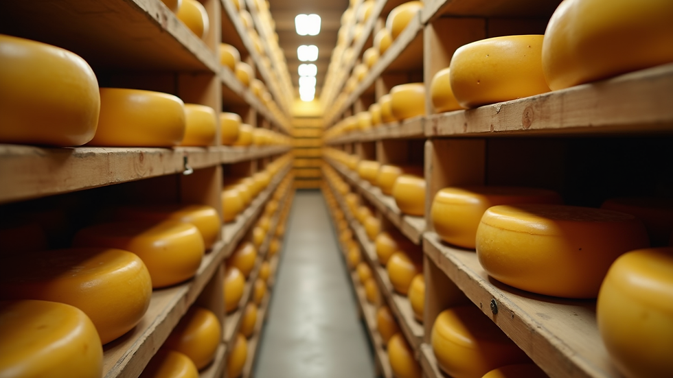 Eye-level view of cheese aging in a cellar with wooden shelves