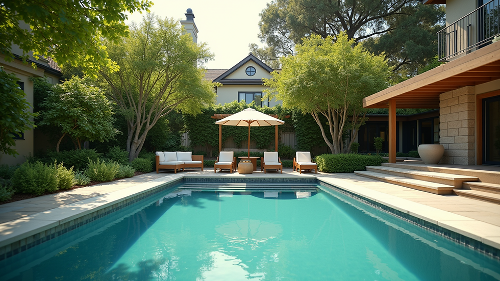 Wide angle view of a backyard pool surrounded by lush greenery and family-friendly seating