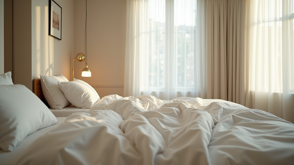 Close-up view of a staged bedroom with neutral bedding and soft lighting