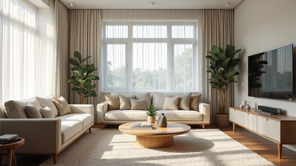 Eye-level view of a beautifully staged living room with neutral decor and natural light