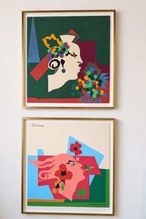 Two Yves Saint Laurent silk scarves from his Les Quatre Saisons series (The Four Seasons), beautifully framed as the works of art they are.
