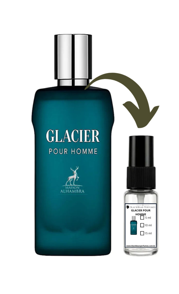 Frasco Glacier Pour Homme e amostra de perfume em spray.