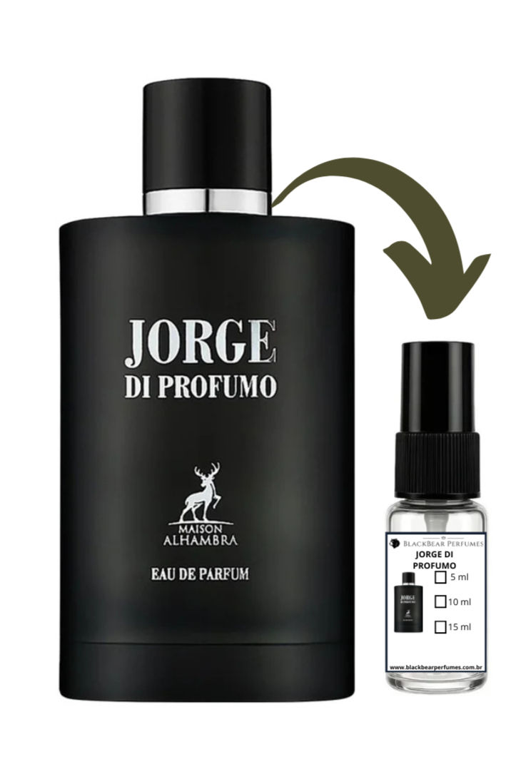 Frasco preto JORGE DI PROFUMO ALHAMBRA EAU DE PARFUM e amostra.