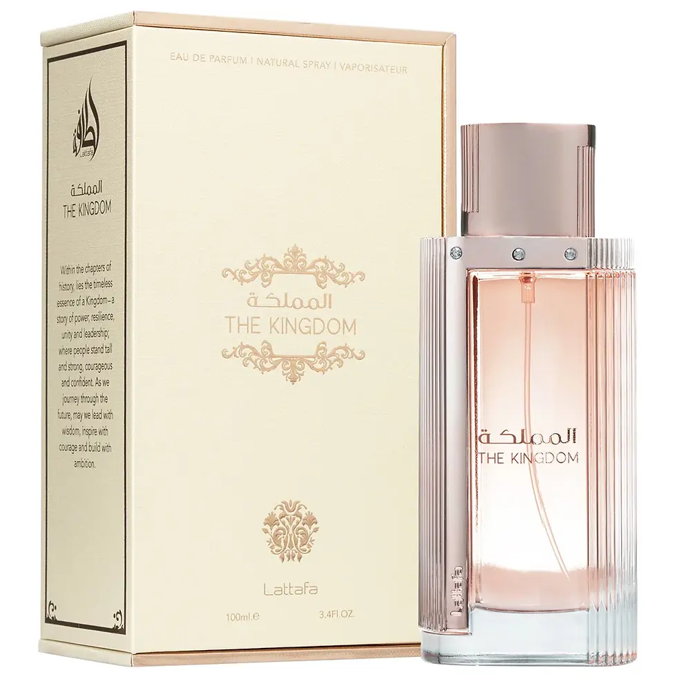 Frasco e caixa de perfume Lattafa Bade'e Al Oud Noble Blush.