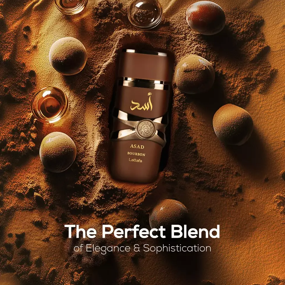 Miniatura: Frasco de perfume ASAD Lattafa, "The Perfect Blend", na areia marrom.