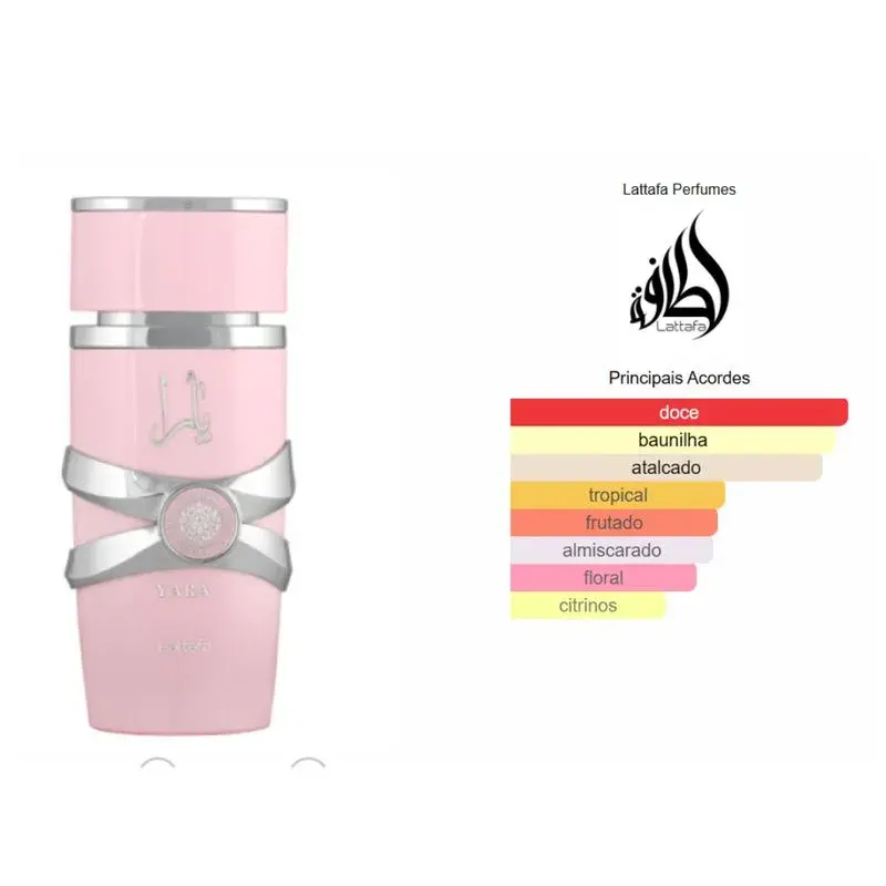 Frasco de perfume rosa Labeau Alhambra listando "Principais Acordes" olfativos.